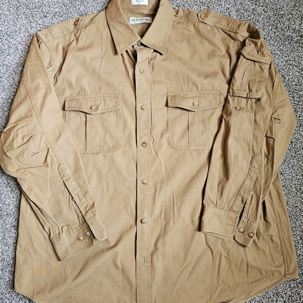 Orvis Mens Button Up Canvas Cotton‎ Heavy Duty Khaki SZ XXL